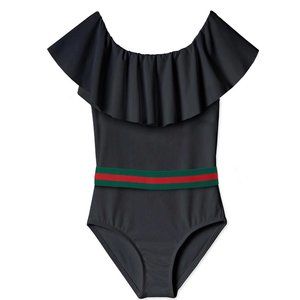 Stella Cove Black Draped Swimsuit With Green/Red Stripe size 8y